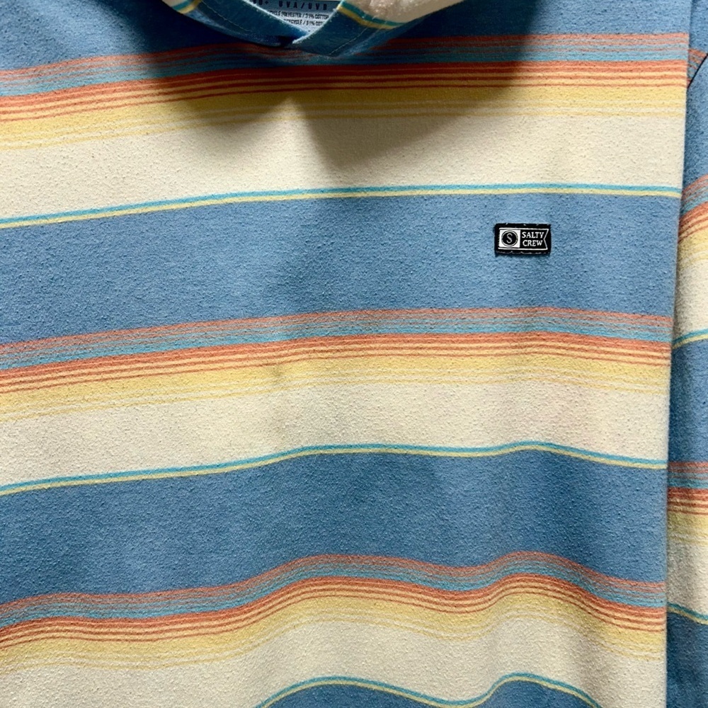 Salty Crew Men’s Medium Striped Technical Tee Hoodie with Blue and Yellow Tones - Picture 2 of 5